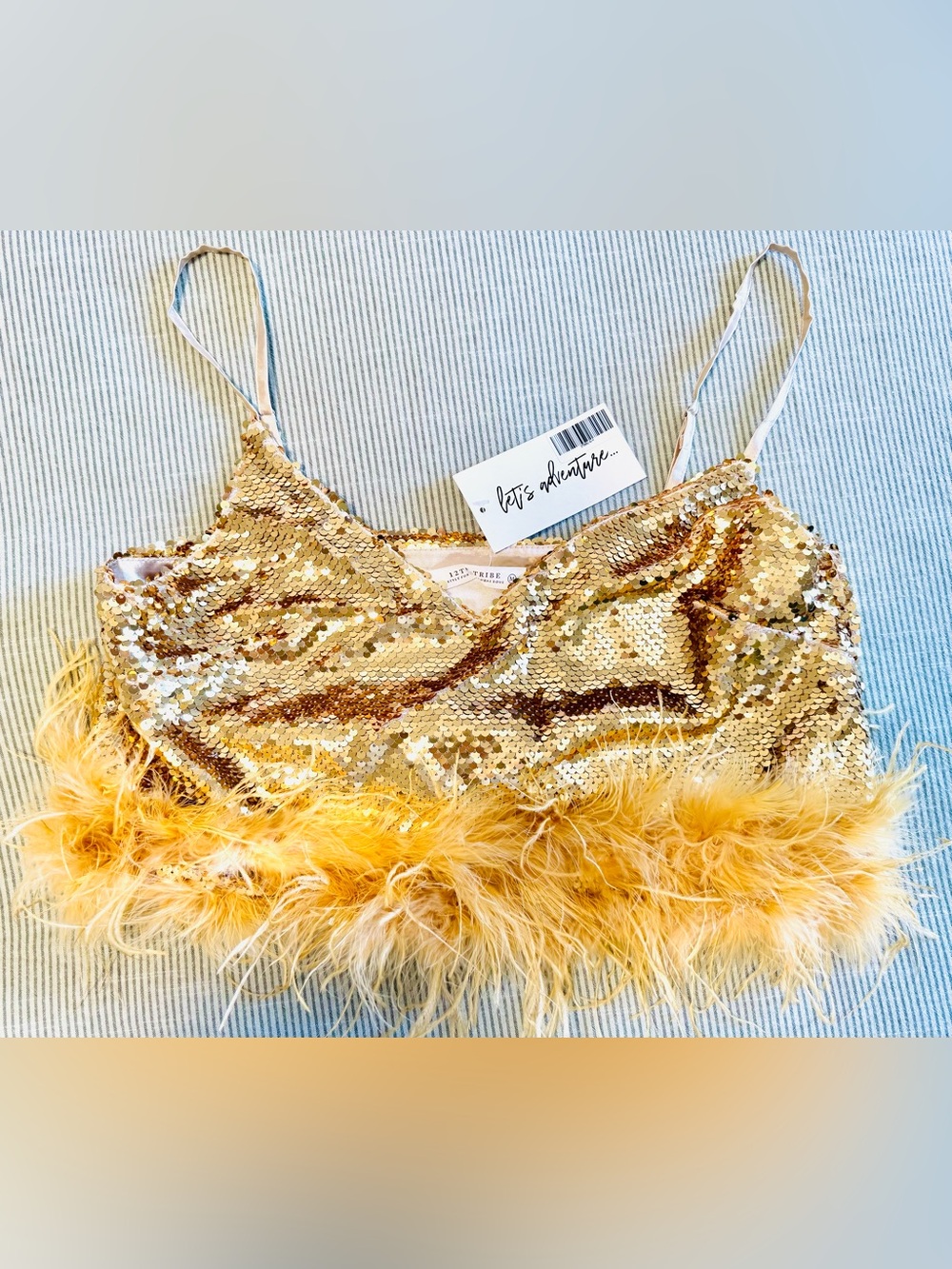 12th Tribe Gold Sequin Feather Trim Cropped Top - Size: M - NWT!